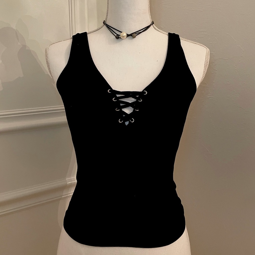 Suzette Collection Black Ribbed Lace Up Tank Top